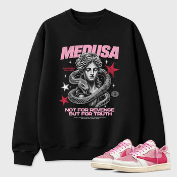 Medusa Graphic T-Shirt sneaker match tee designed for the Jordan 1 Low x Travis Scott Tropical Pink, featuring coordinated color options for a perfect streetwear match. Black 1 shirt.