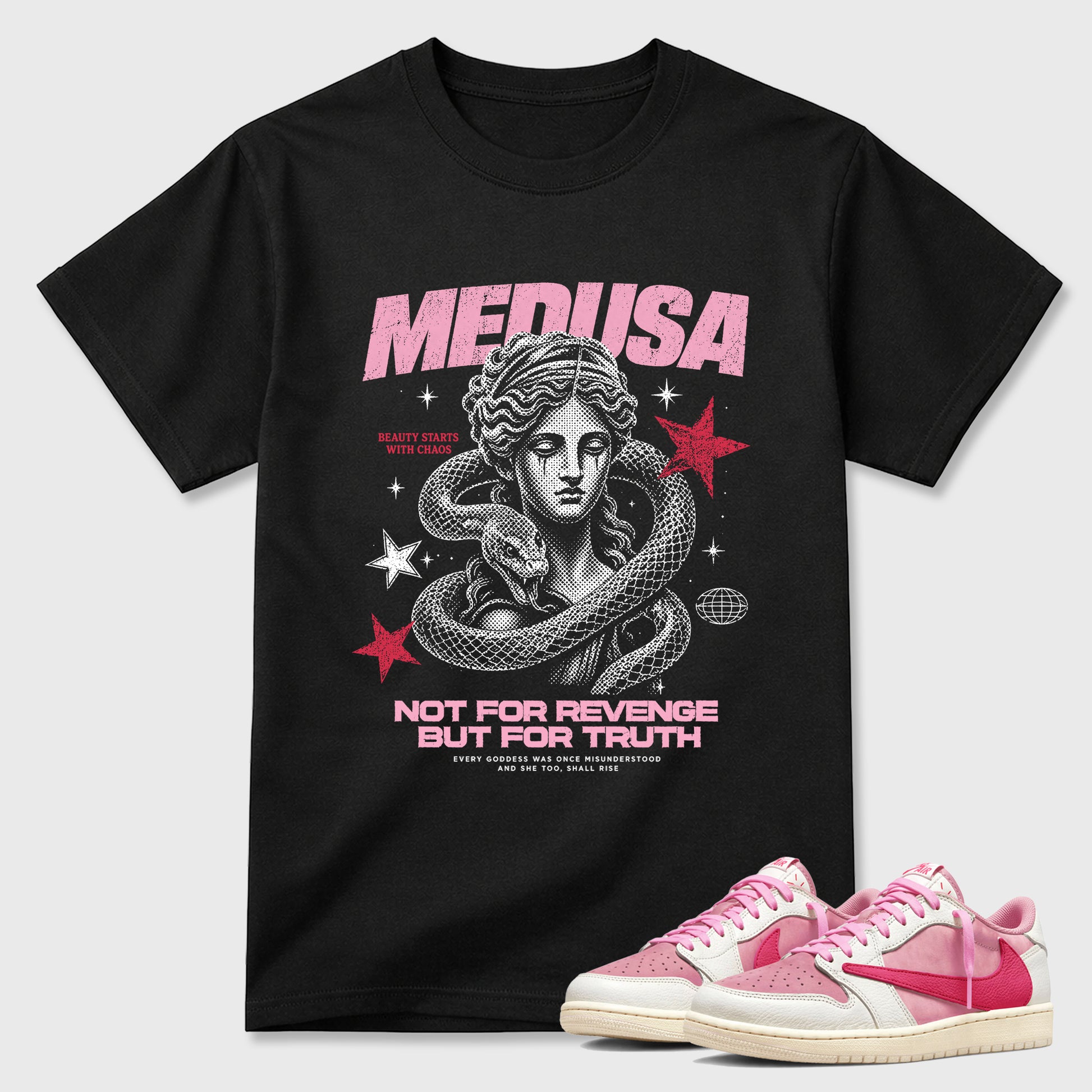Medusa Graphic T-Shirt sneaker match tee designed for the Jordan 1 Low x Travis Scott Tropical Pink, featuring coordinated color options for a perfect streetwear match. Black 1 shirt.