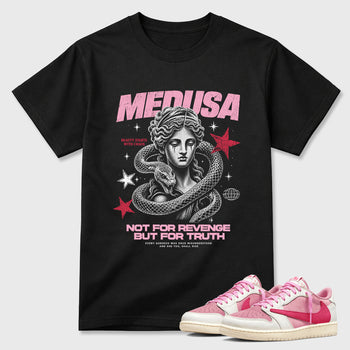 Medusa Graphic T-Shirt sneaker match tee designed for the Jordan 1 Low x Travis Scott Tropical Pink, featuring coordinated color options for a perfect streetwear match. Black 1 shirt.