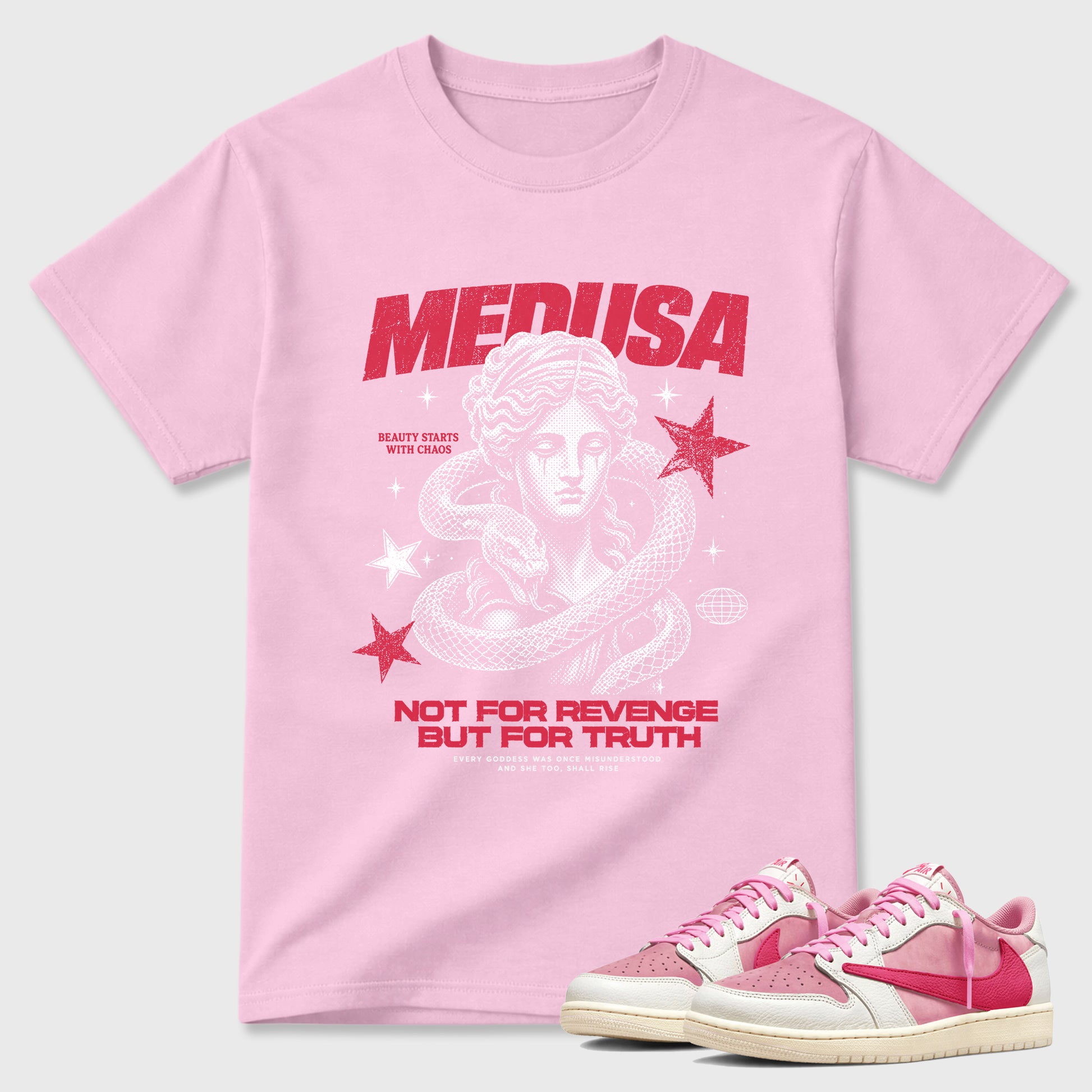 Medusa Graphic T-Shirt sneaker match tee designed for the Jordan 1 Low x Travis Scott Tropical Pink, featuring coordinated color options for a perfect streetwear match. Pink 1 shirt.