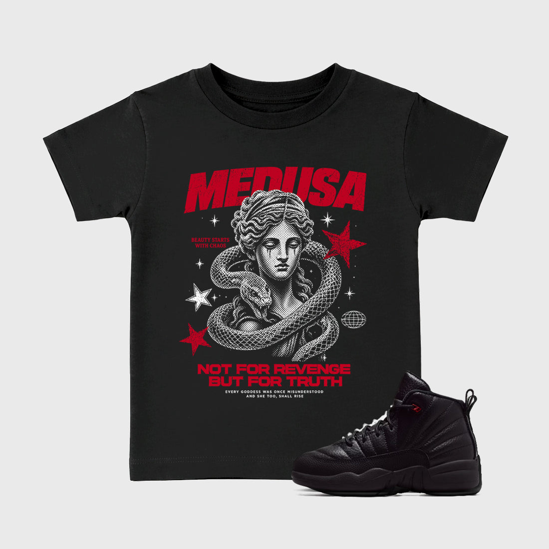 Medusa affordable baby and kids t-shirt designed to match the Air Jordan 12 Retro Bloodline, featuring coordinated Black 1 options for the perfect little sneakerhead streetwear look.