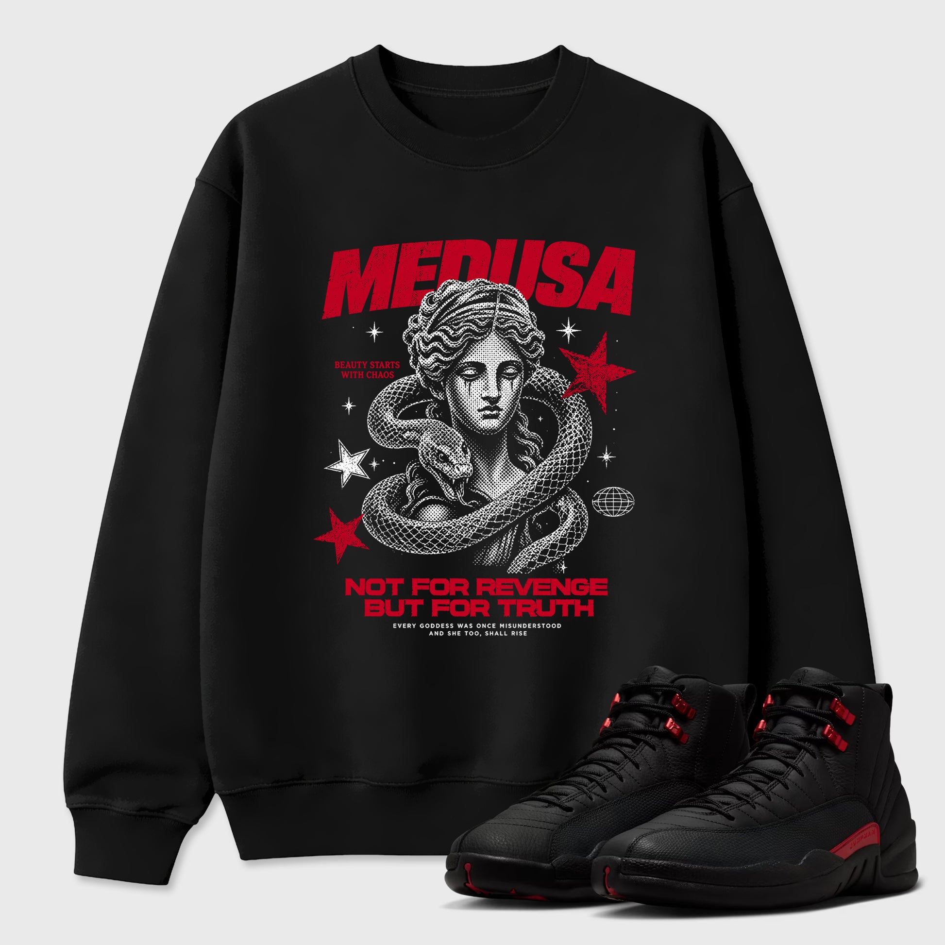 Medusa Graphic T-Shirt sneaker match tee designed for the Air Jordan 12 Retro Bloodline, featuring coordinated color options for a perfect streetwear match. Black 1 shirt.