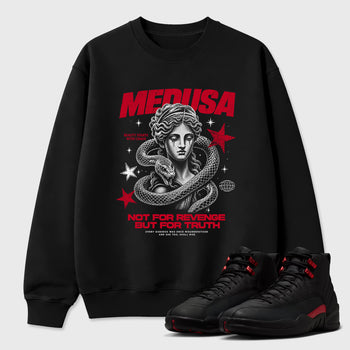 Medusa Graphic T-Shirt sneaker match tee designed for the Air Jordan 12 Retro Bloodline, featuring coordinated color options for a perfect streetwear match. Black 1 shirt.