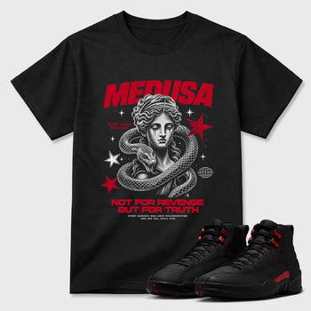 Medusa Graphic T-Shirt sneaker match tee designed for the Air Jordan 12 Retro Bloodline, featuring coordinated color options for a perfect streetwear match. Black 1 shirt.