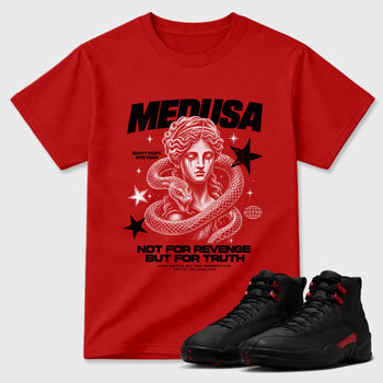 Medusa Graphic T-Shirt sneaker match tee designed for the Air Jordan 12 Retro Bloodline, featuring coordinated color options for a perfect streetwear match. Red 1 shirt.