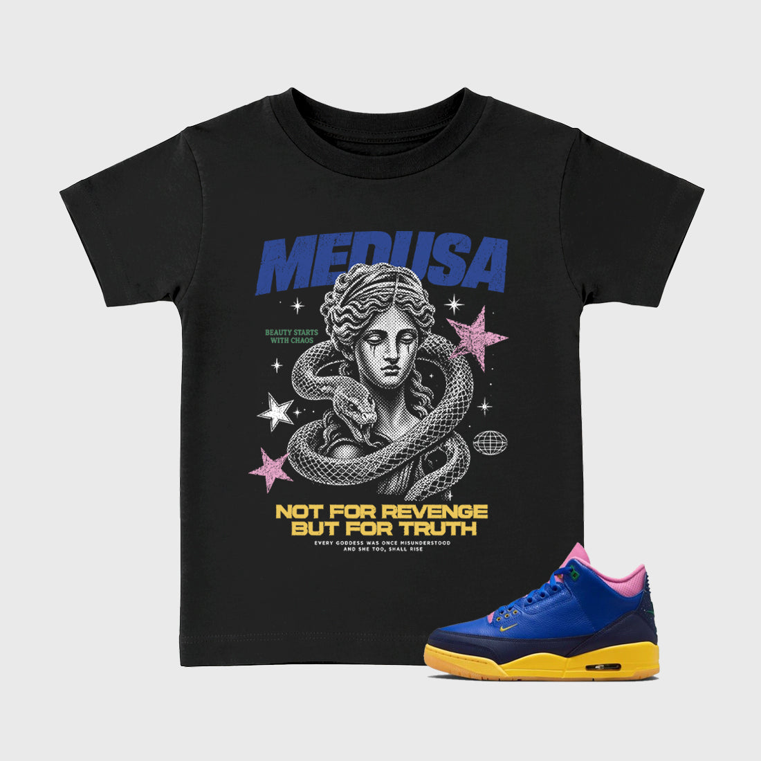 Medusa affordable baby and kids t-shirt designed to match the Air Jordan 3 Brazil, featuring coordinated Black 1 options for the perfect little sneakerhead streetwear look.