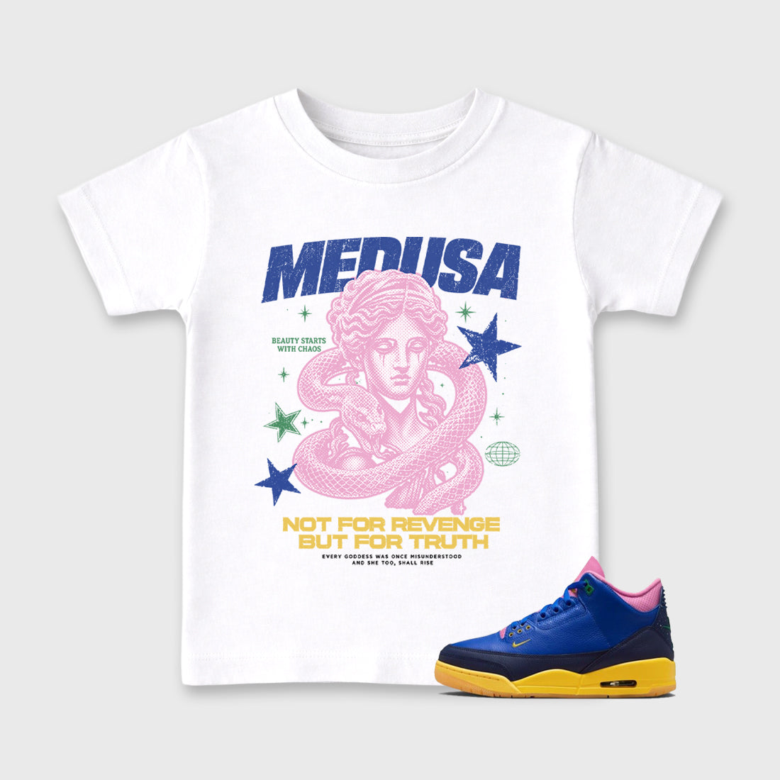 Medusa affordable baby and kids t-shirt designed to match the Air Jordan 3 Brazil, featuring coordinated White 1 options for the perfect little sneakerhead streetwear look.