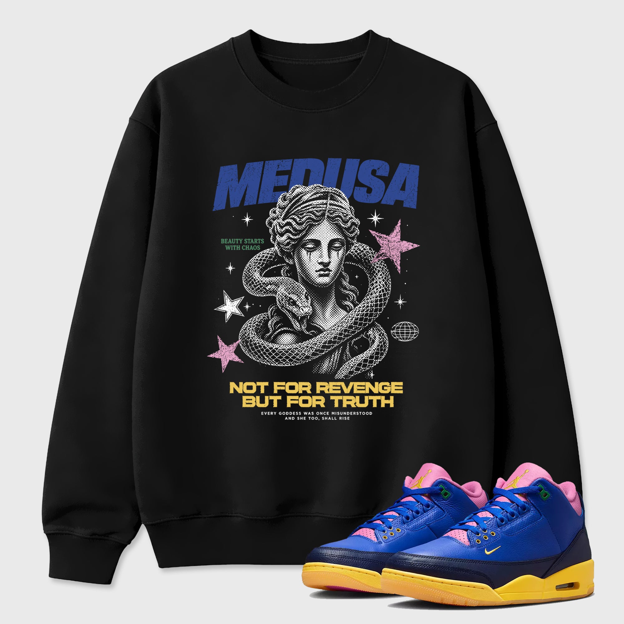 Medusa Graphic T-Shirt sneaker match tee designed for the Air Jordan 3 Brazil, featuring coordinated color options for a perfect streetwear match. Black 1 shirt.