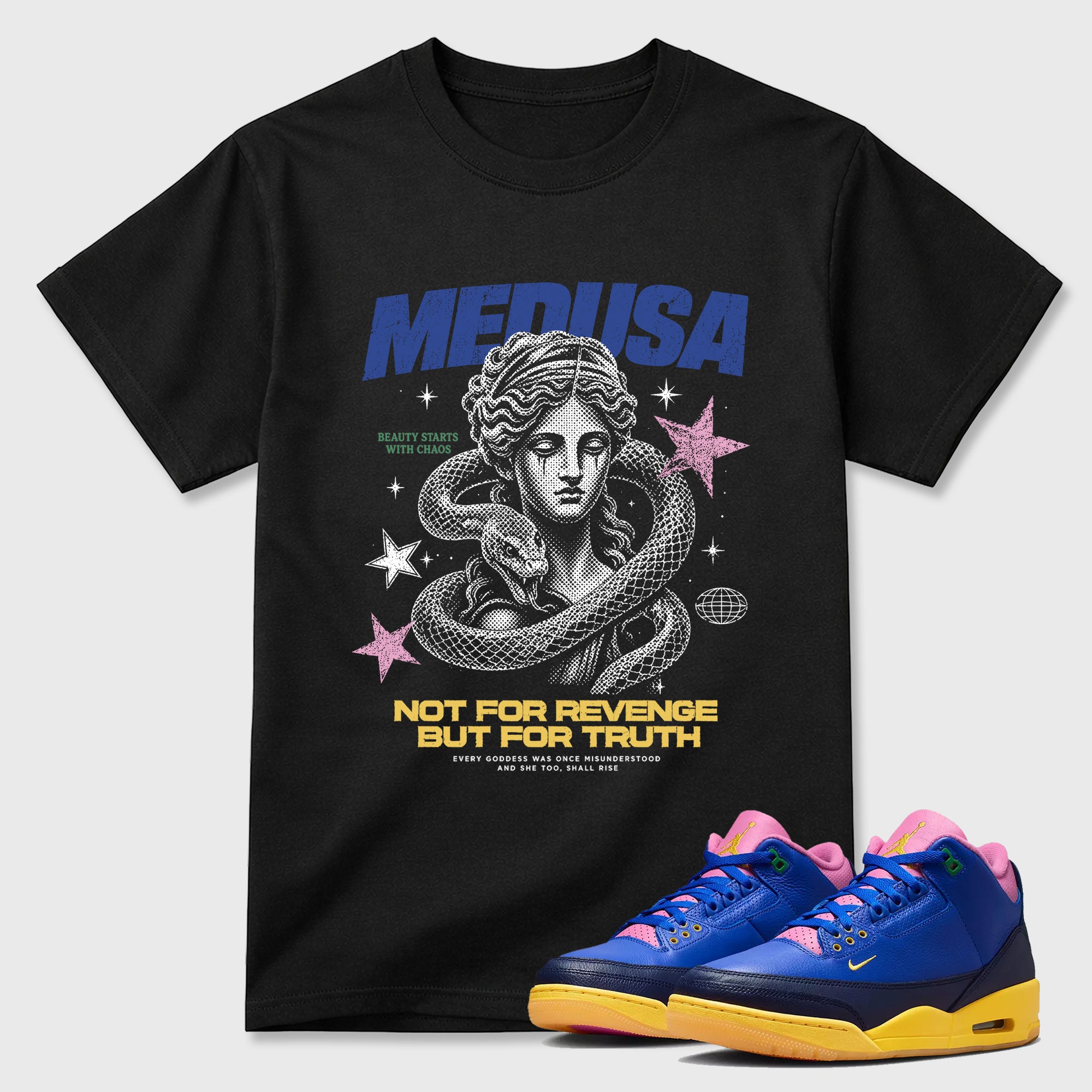 Medusa Graphic T-Shirt sneaker match tee designed for the Air Jordan 3 Brazil, featuring coordinated color options for a perfect streetwear match. Black 1 shirt.