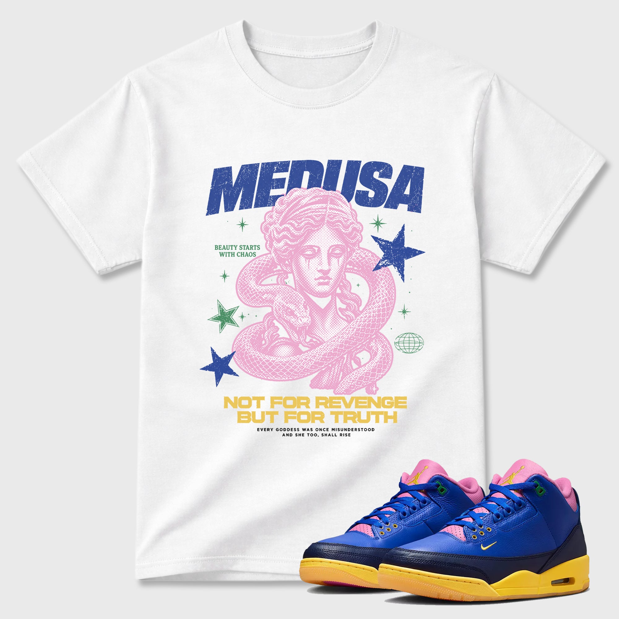 Medusa Graphic T-Shirt sneaker match tee designed for the Air Jordan 3 Brazil, featuring coordinated color options for a perfect streetwear match. White 1 shirt.