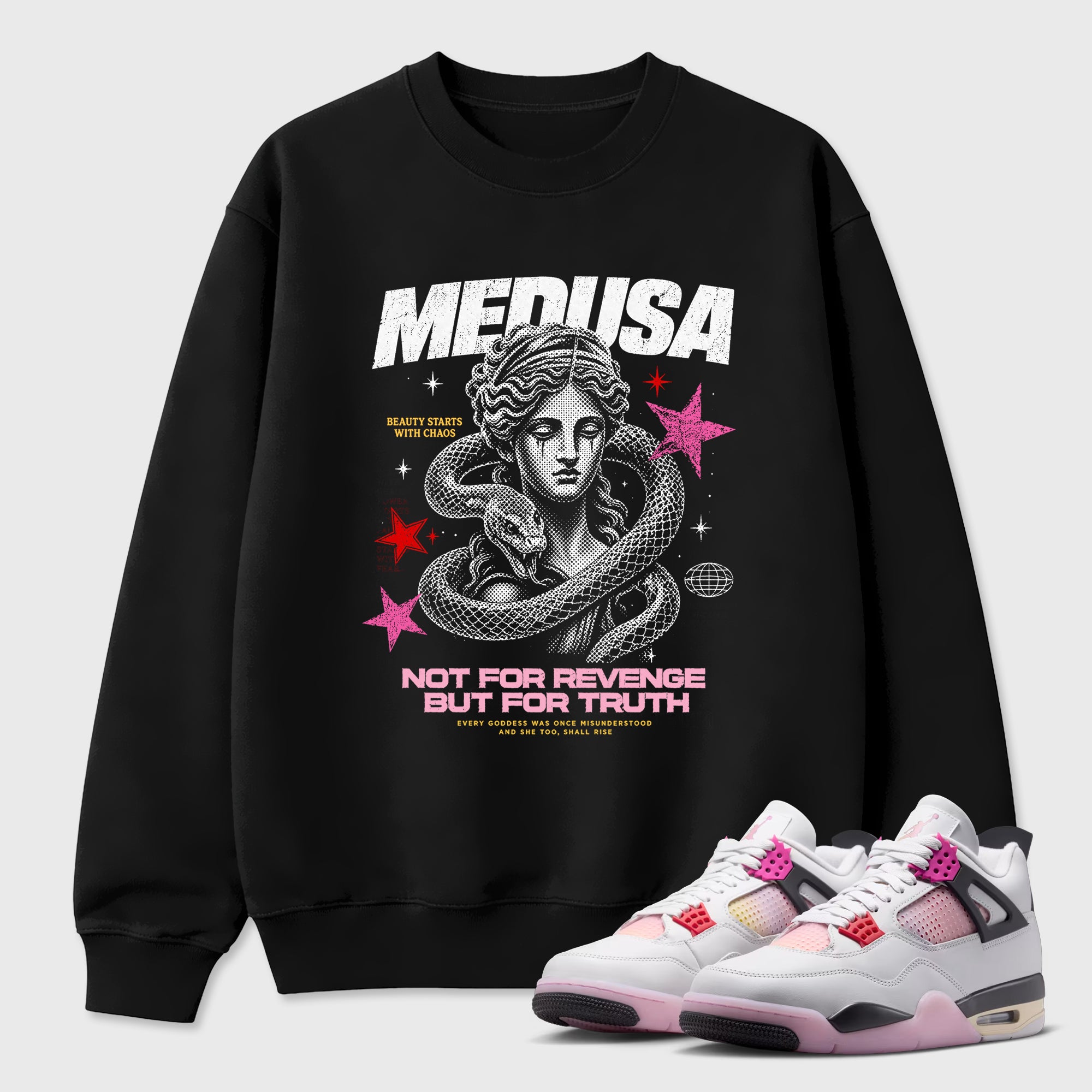 Medusa Graphic T-Shirt featuring original streetwear artwork designed to match the Air Jordan 4 Comic. Black 1 Graphic Tee.