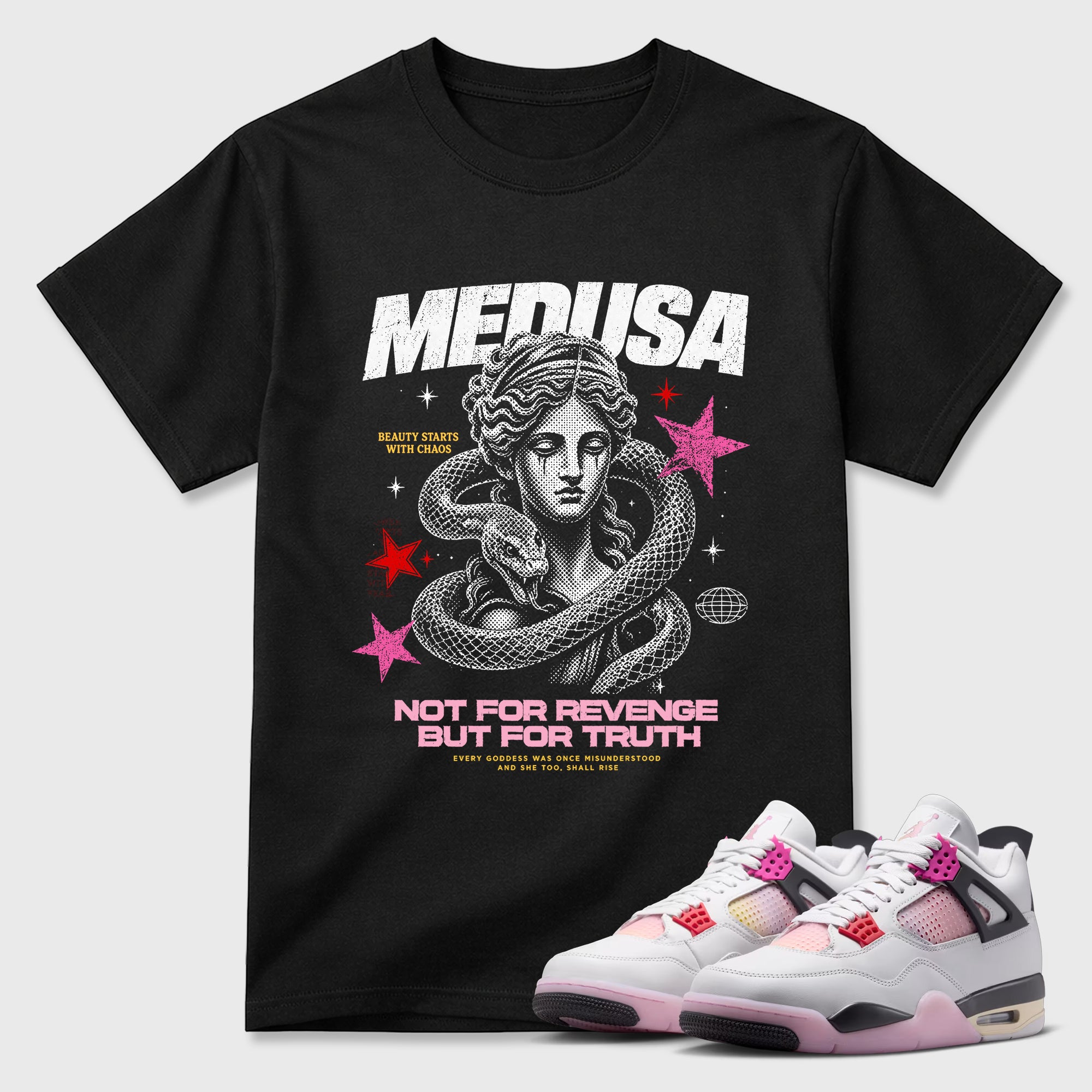 Medusa Graphic T-Shirt featuring original streetwear artwork designed to match the Air Jordan 4 Comic. Black 1 Graphic T-Shirt.