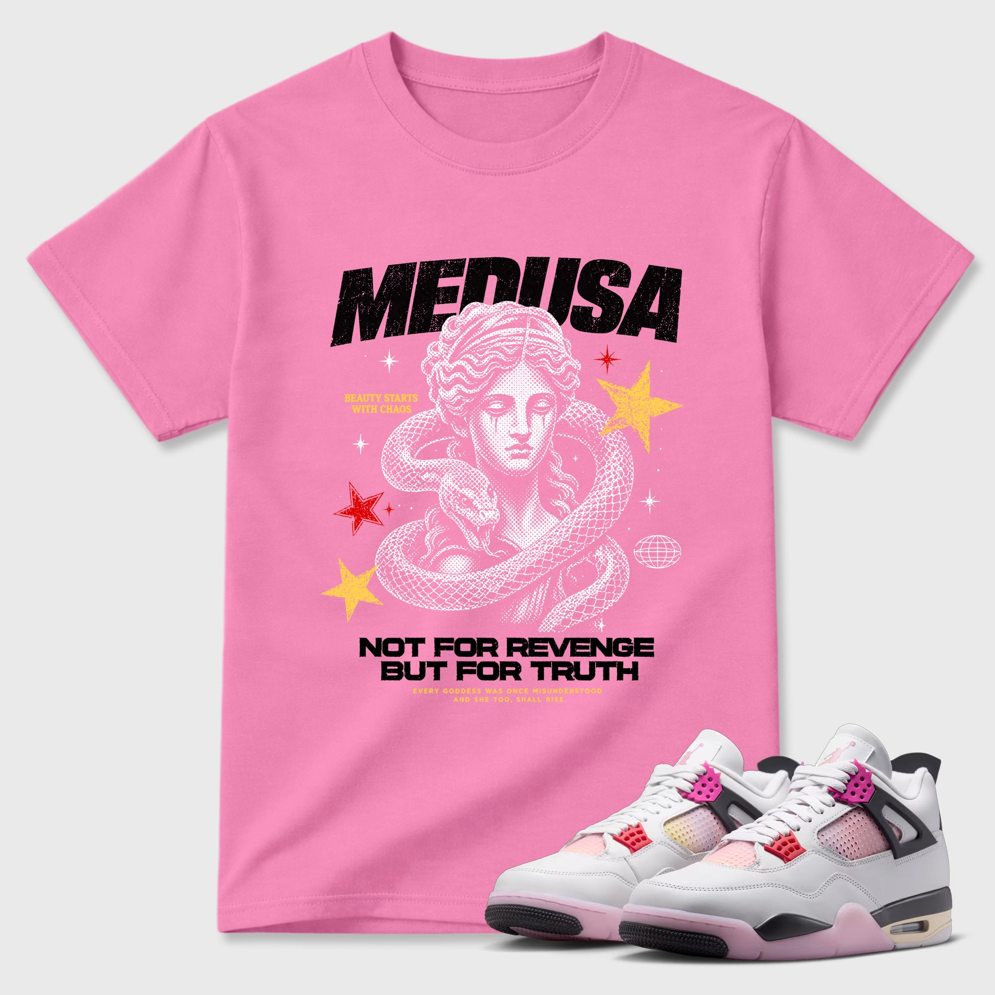 Medusa Graphic T-Shirt featuring original streetwear artwork designed to match the Air Jordan 4 Comic. Bubble Gum 1 Graphic T-Shirt.