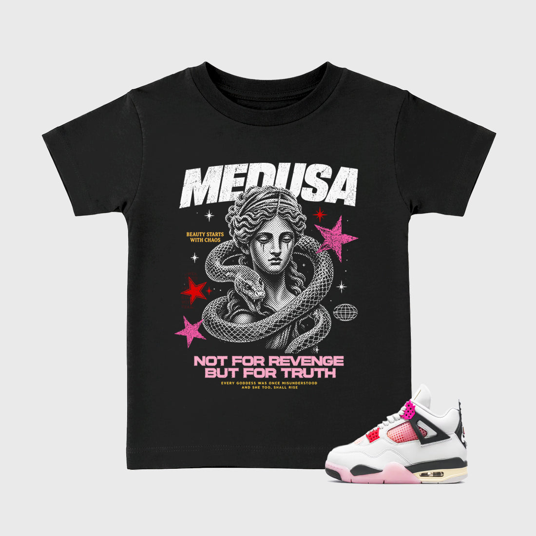 Medusa Baby & Kids Graphic T-Shirt featuring original artwork designed to match the Air Jordan 4 Comic. Black 1 Kids Graphic Tee.