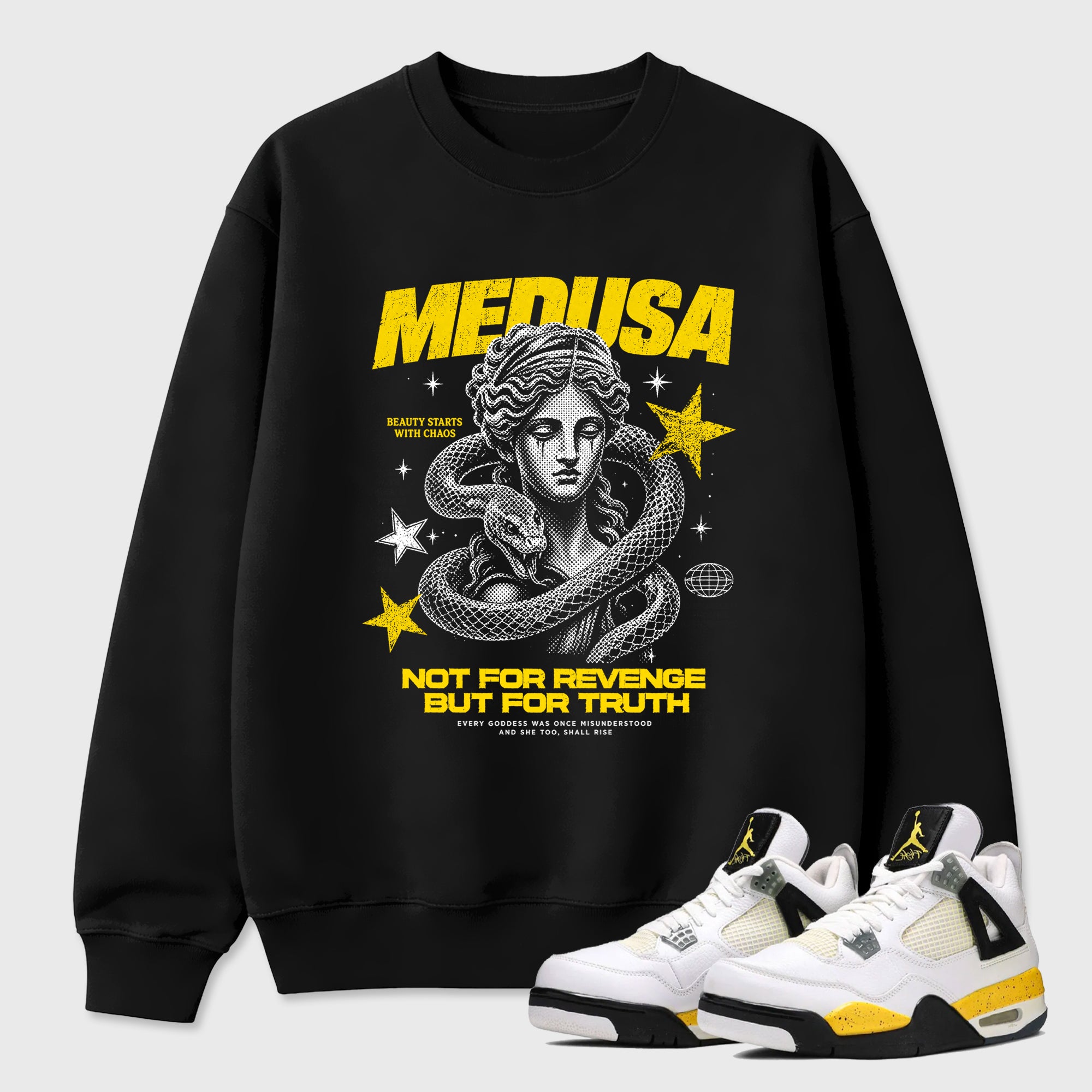 Medusa Graphic T-Shirt featuring original streetwear artwork designed to match the Air Jordan 4 Tour Yellow. Black 1 Graphic Tee.