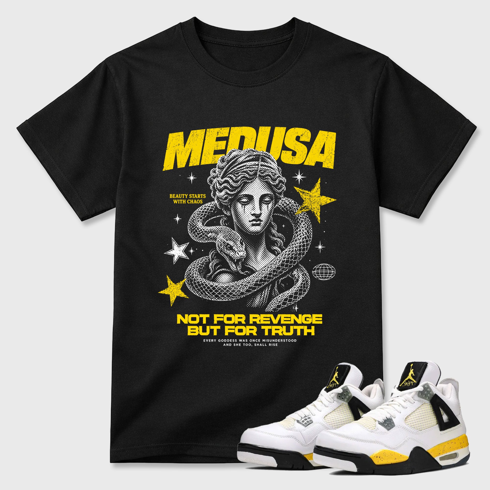 Medusa Graphic T-Shirt featuring original streetwear artwork designed to match the Air Jordan 4 Tour Yellow. Black 1 Graphic T-Shirt.