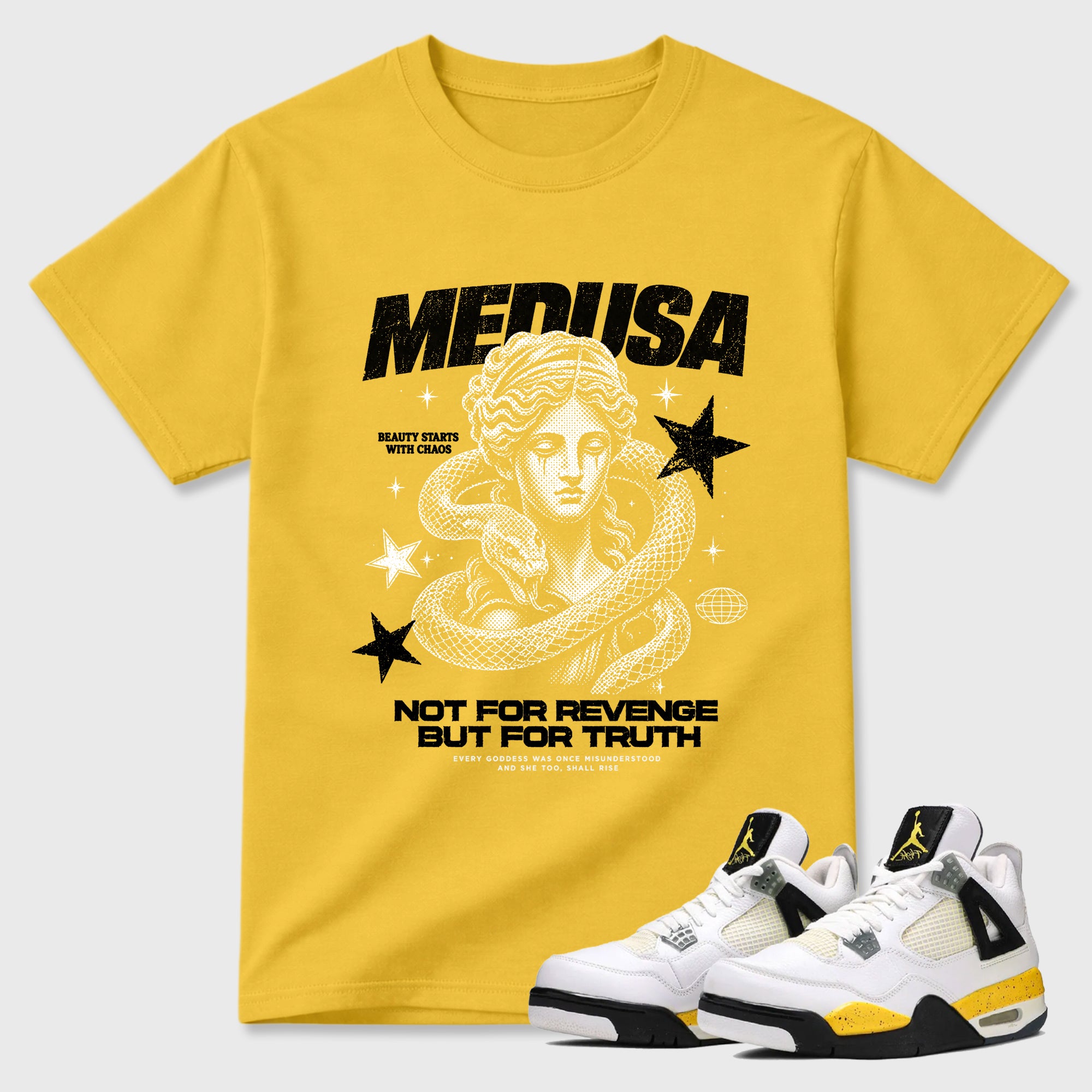 Medusa Graphic T-Shirt featuring original streetwear artwork designed to match the Air Jordan 4 Tour Yellow. Daisy 1 Graphic T-Shirt.
