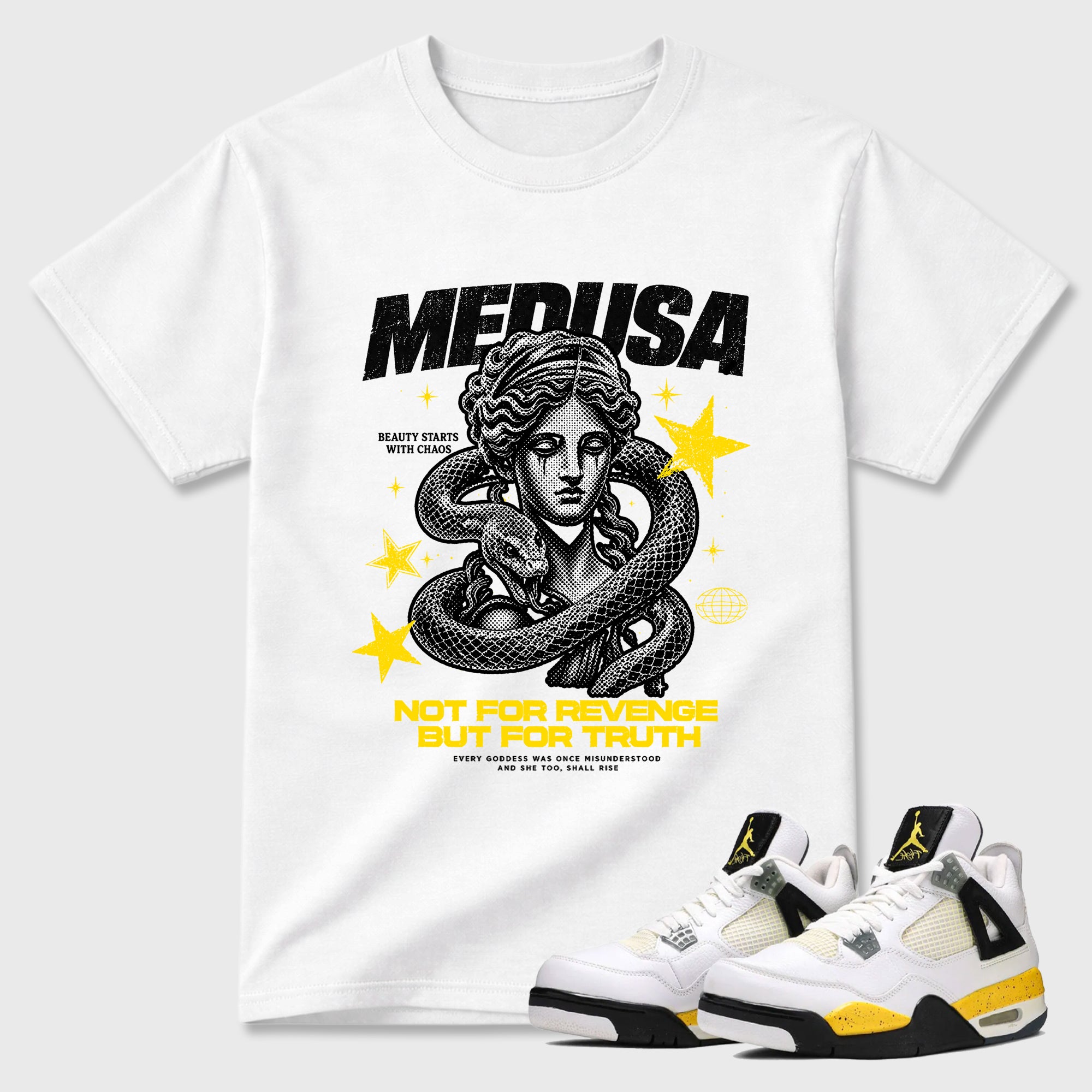 Medusa Graphic T-Shirt featuring original streetwear artwork designed to match the Air Jordan 4 Tour Yellow. White 1 Graphic T-Shirt.