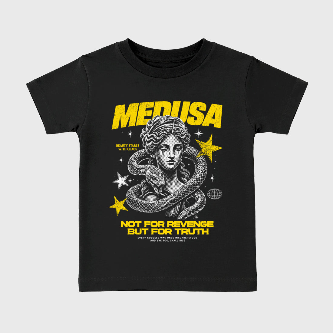 Medusa Baby & Kids Graphic T-Shirt featuring original artwork designed to match the Air Jordan 4 Tour Yellow. Black 2 Kids Graphic Tee.