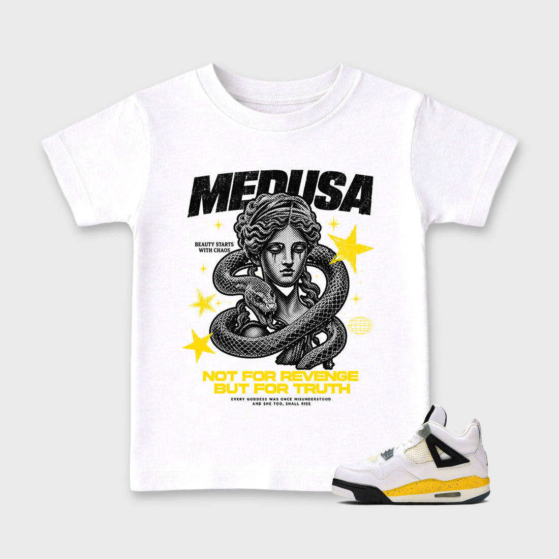 Medusa Baby & Kids Graphic T-Shirt featuring original artwork designed to match the Air Jordan 4 Tour Yellow. White 1 Kids Graphic Tee.