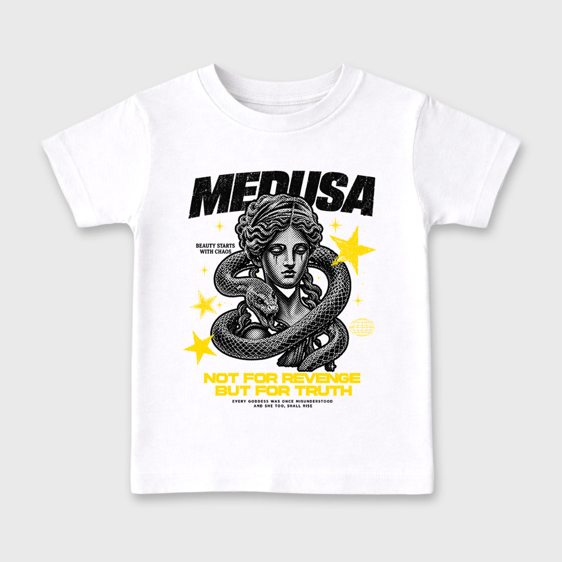 Medusa Baby & Kids Graphic T-Shirt featuring original artwork designed to match the Air Jordan 4 Tour Yellow. White 2 Kids Graphic Tee.