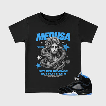 Medusa affordable baby and kids t-shirt designed to match the Air Jordan 5 Black University Blue, featuring coordinated Black 1 options for the perfect little sneakerhead streetwear look.
