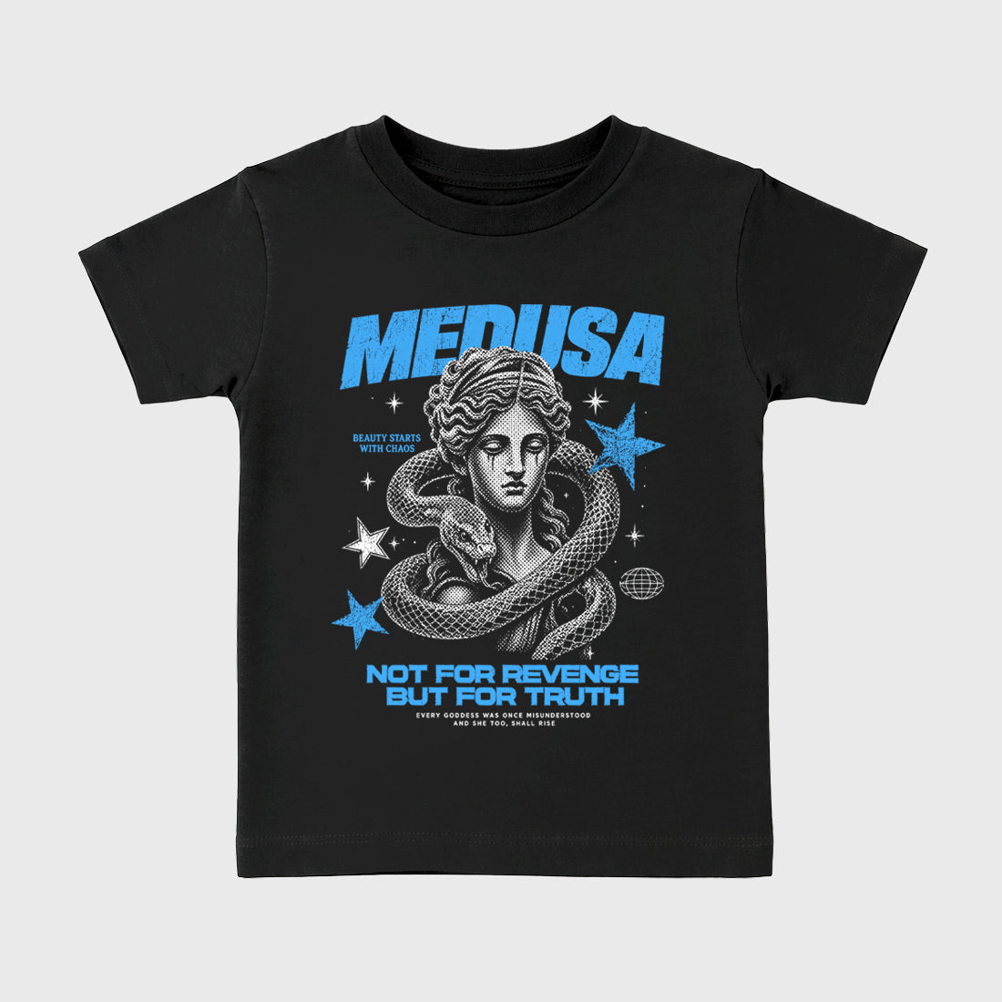 Medusa affordable baby and kids t-shirt designed to match the Air Jordan 5 Black University Blue, featuring coordinated Black 2 options for the perfect little sneakerhead streetwear look.