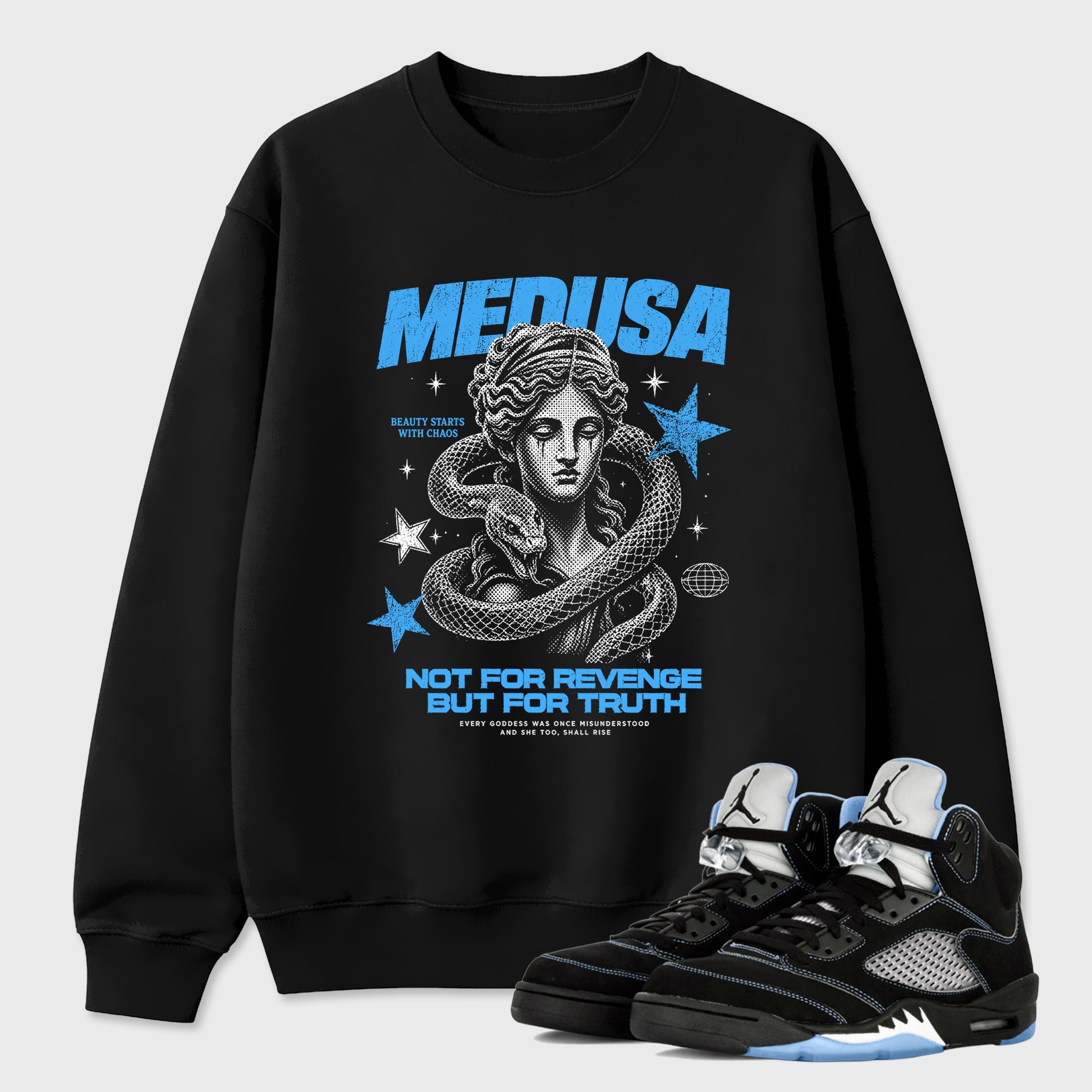Medusa Graphic T-Shirt sneaker match tee designed for the Air Jordan 5 Black University Blue, featuring coordinated color options for a perfect streetwear match. Black 1 shirt.