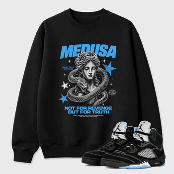 Medusa Graphic T-Shirt sneaker match tee designed for the Air Jordan 5 Black University Blue, featuring coordinated color options for a perfect streetwear match. Black 1 shirt.