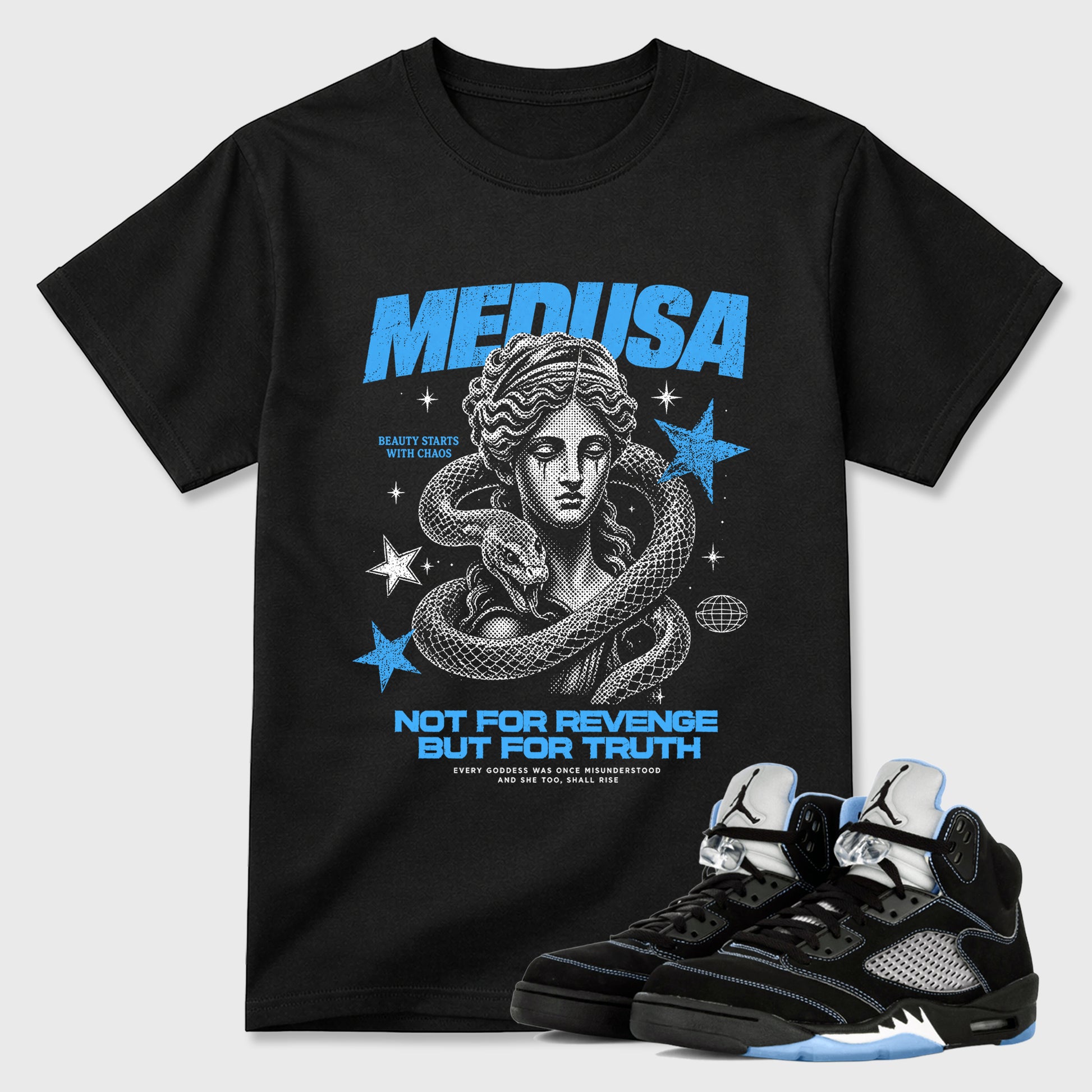 Medusa Graphic T-Shirt sneaker match tee designed for the Air Jordan 5 Black University Blue, featuring coordinated color options for a perfect streetwear match. Black 1 shirt.