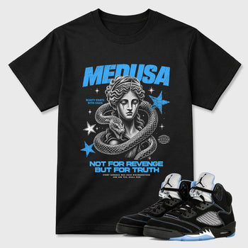 Medusa Graphic T-Shirt sneaker match tee designed for the Air Jordan 5 Black University Blue, featuring coordinated color options for a perfect streetwear match. Black 1 shirt.