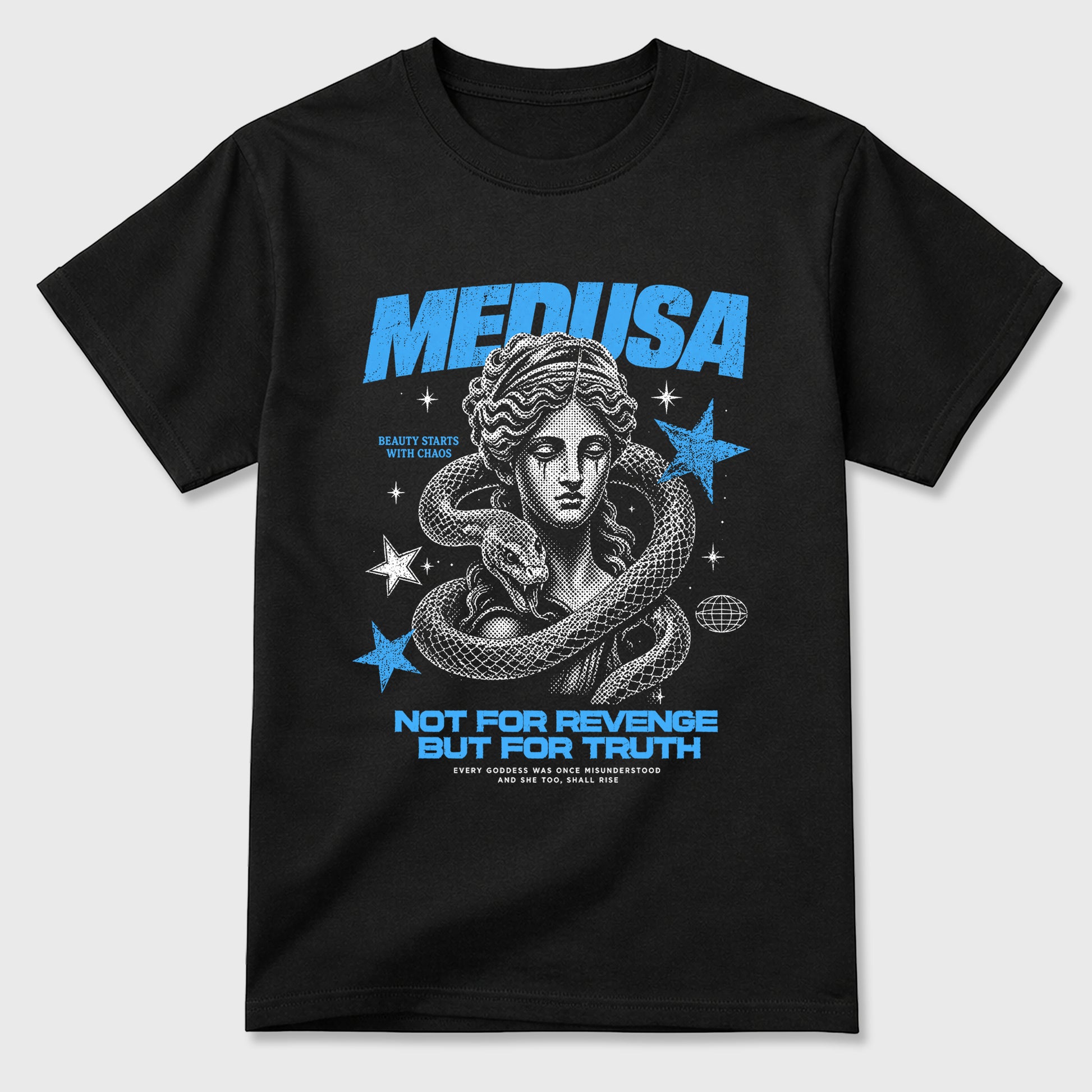 Medusa Graphic T-Shirt sneaker match tee designed for the Air Jordan 5 Black University Blue, featuring coordinated color options for a perfect streetwear match. Black 2 shirt.