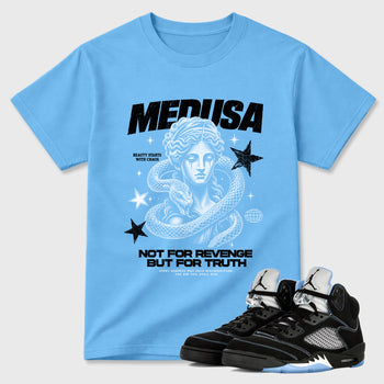 Medusa Graphic T-Shirt sneaker match tee designed for the Air Jordan 5 Black University Blue, featuring coordinated color options for a perfect streetwear match. Carolina Blue 1 shirt.