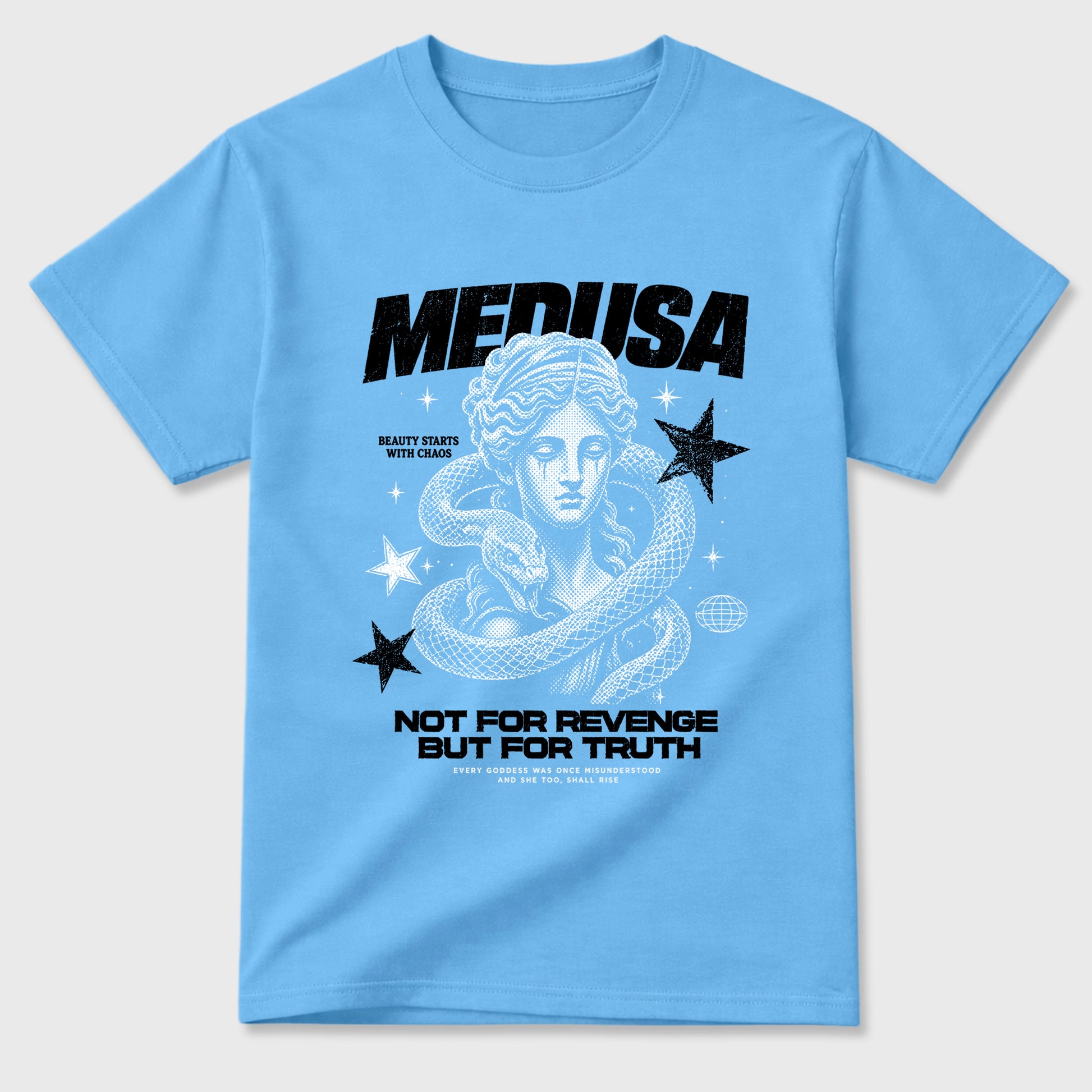 Medusa Graphic T-Shirt sneaker match tee designed for the Air Jordan 5 Black University Blue, featuring coordinated color options for a perfect streetwear match. Carolina Blue 2 shirt.