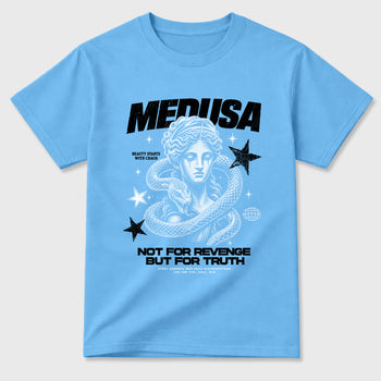 Medusa Graphic T-Shirt sneaker match tee designed for the Air Jordan 5 Black University Blue, featuring coordinated color options for a perfect streetwear match. Carolina Blue 2 shirt.