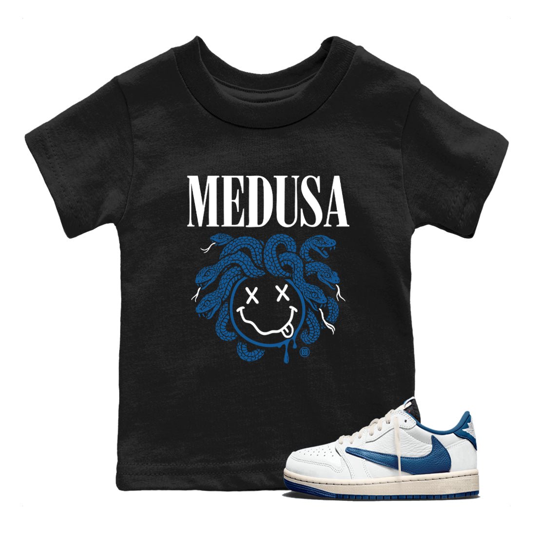Sneaker match tees – Sneaker Tees To Match Air Jordan 1 x Travis Scott x Fragment Shoes – Medusa Drip Kids T-Shirt Black 1