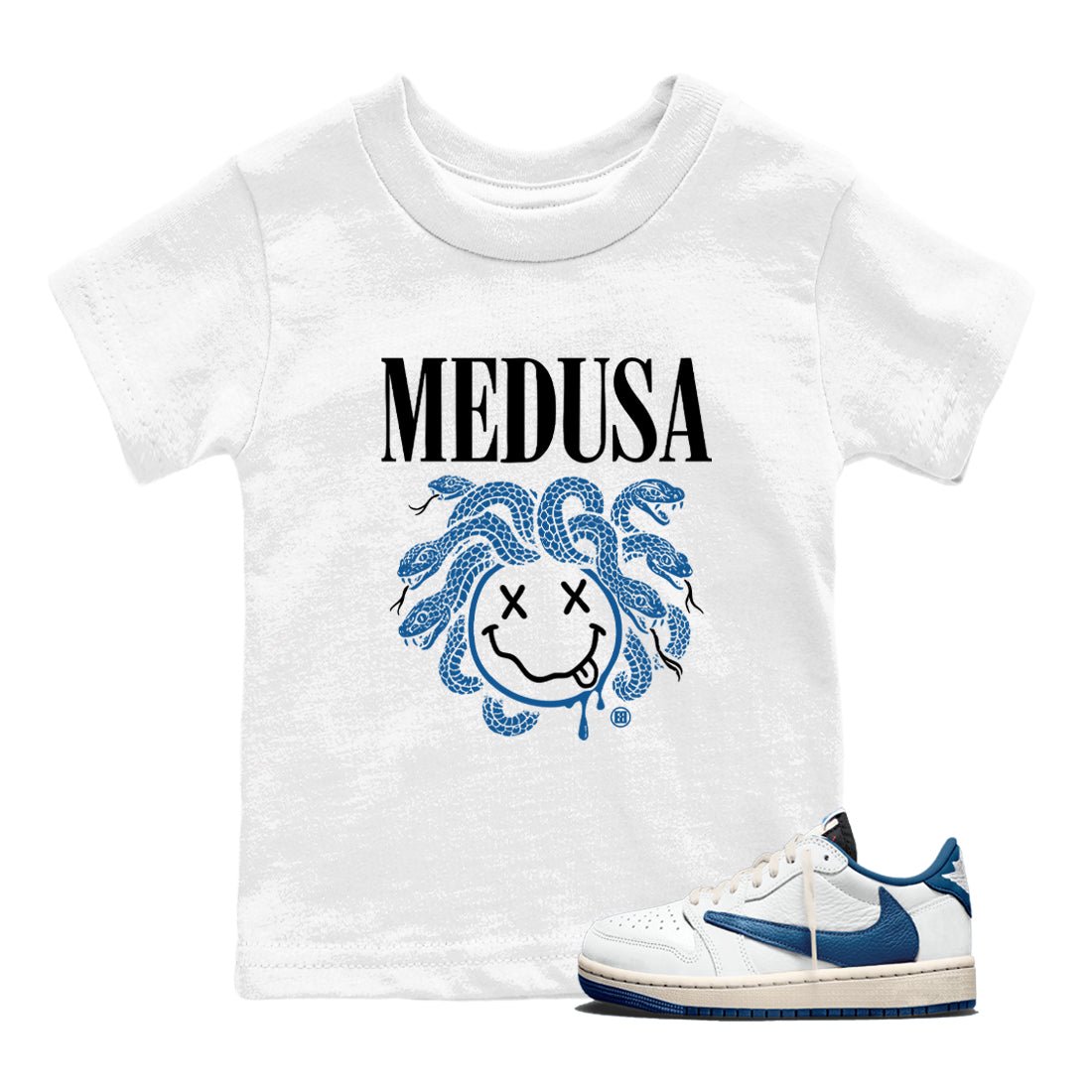 Sneaker match tees – Sneaker Tees To Match Air Jordan 1 x Travis Scott x Fragment Shoes – Medusa Drip Kids T-Shirt White 1
