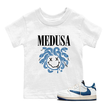 Sneaker match tees – Sneaker Tees To Match Air Jordan 1 x Travis Scott x Fragment Shoes – Medusa Drip Kids T-Shirt White 1