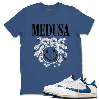 Sneaker match tees – Sneaker Tees To Match Air Jordan 1 x Travis Scott x Fragment Shoes – Medusa Drip Tee Denim Blue 1