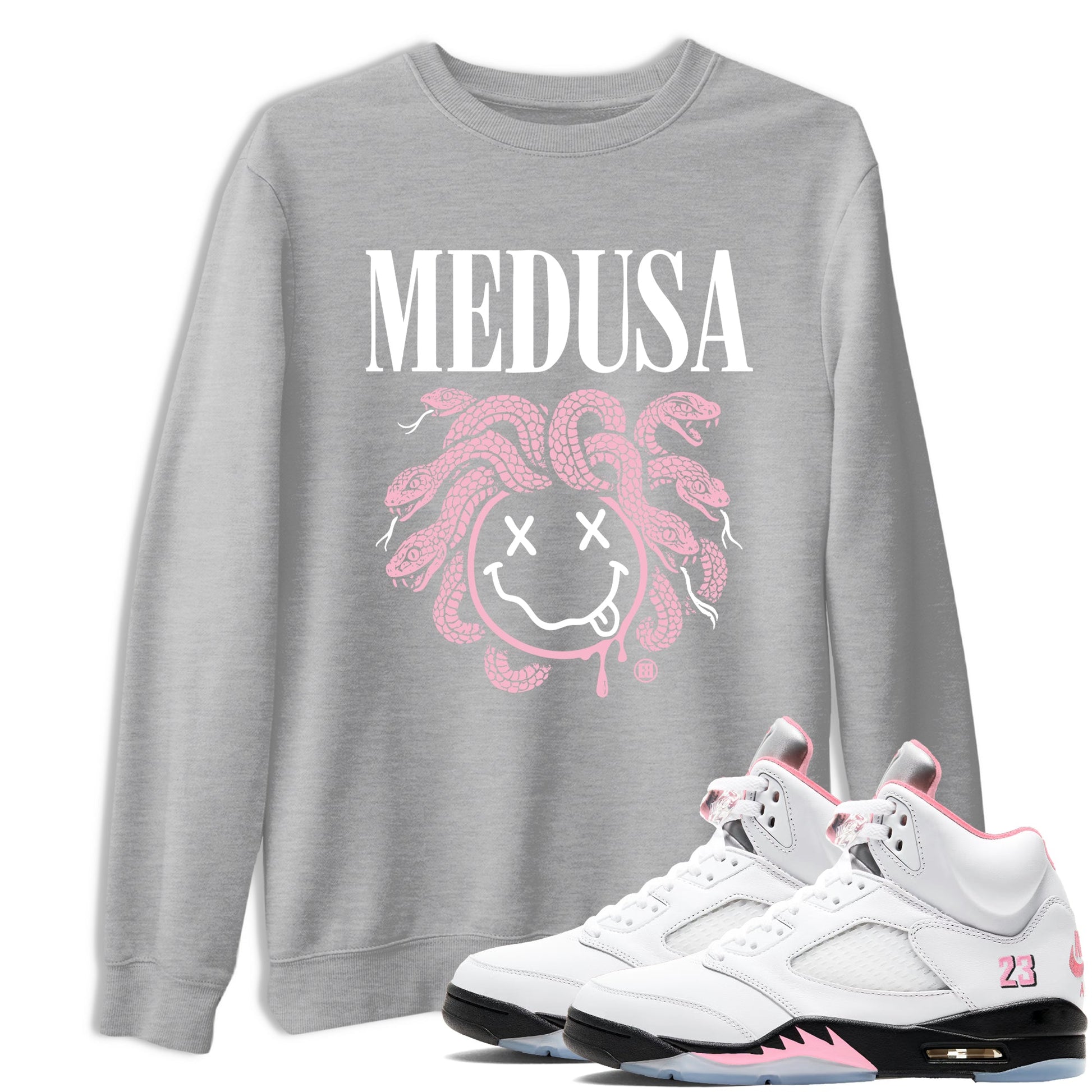 Sneaker match tees – Sneaker Tees To Match Air Jordan 5 35th Anniversary Shoes – Medusa Drip Tee Heather Grey 1