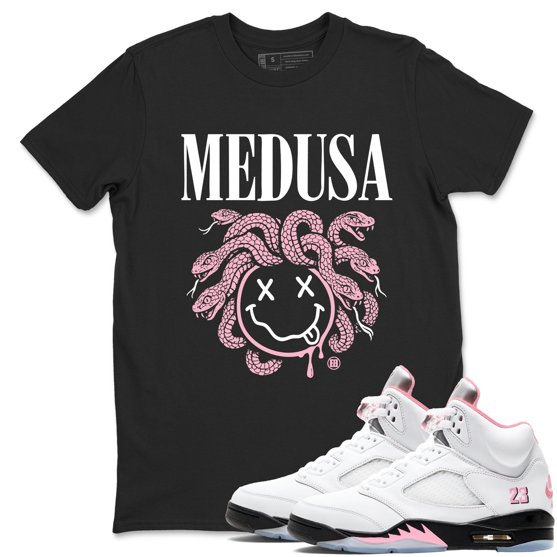 Sneaker match tees – Sneaker Tees To Match Air Jordan 5 35th Anniversary Shoes – Medusa Drip Tee Black 1