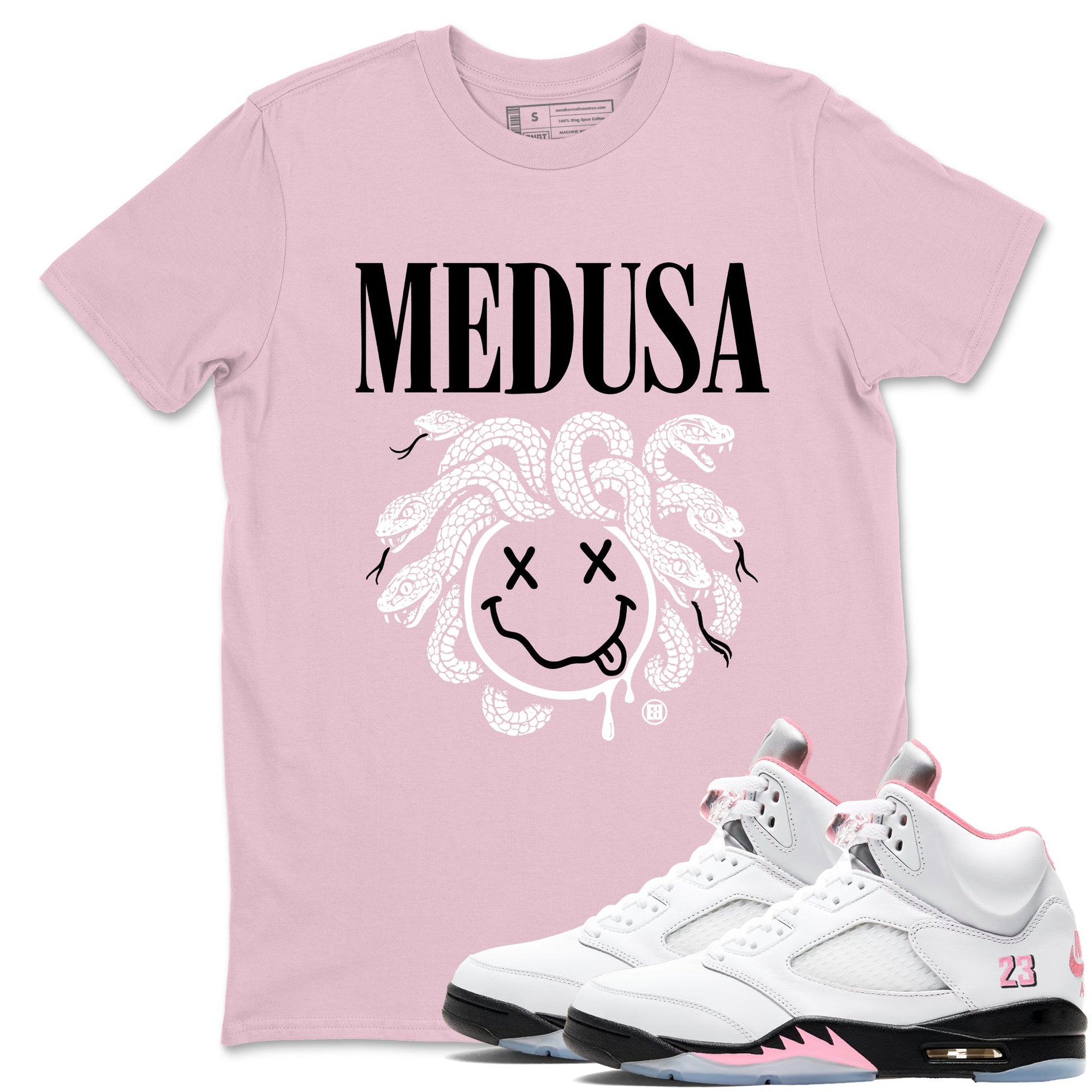 Sneaker match tees – Sneaker Tees To Match Air Jordan 5 35th Anniversary Shoes – Medusa Drip Tee Pink 1