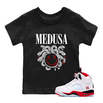 5s Retro Fire Red Sneaker match tees – Sneaker Tees To Match Jordan 5 Fire Red Shoes – Medusa Drip Kids T-Shirt Black 1