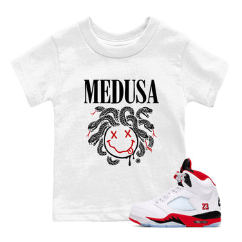 5s Retro Fire Red Sneaker match tees – Sneaker Tees To Match Jordan 5 Fire Red Shoes – Medusa Drip Kids T-Shirt White 1