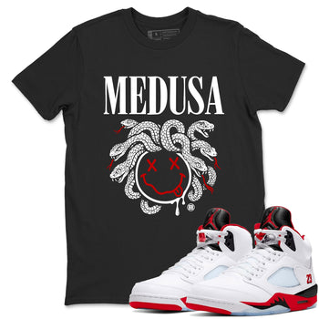 5s Retro Fire Red Sneaker match tees – Sneaker Tees To Match Jordan 5 Fire Red Shoes – Medusa Drip Tee Black 1