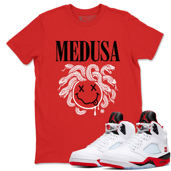 5s Retro Fire Red Sneaker match tees – Sneaker Tees To Match Jordan 5 Fire Red Shoes – Medusa Drip Tee Red 1