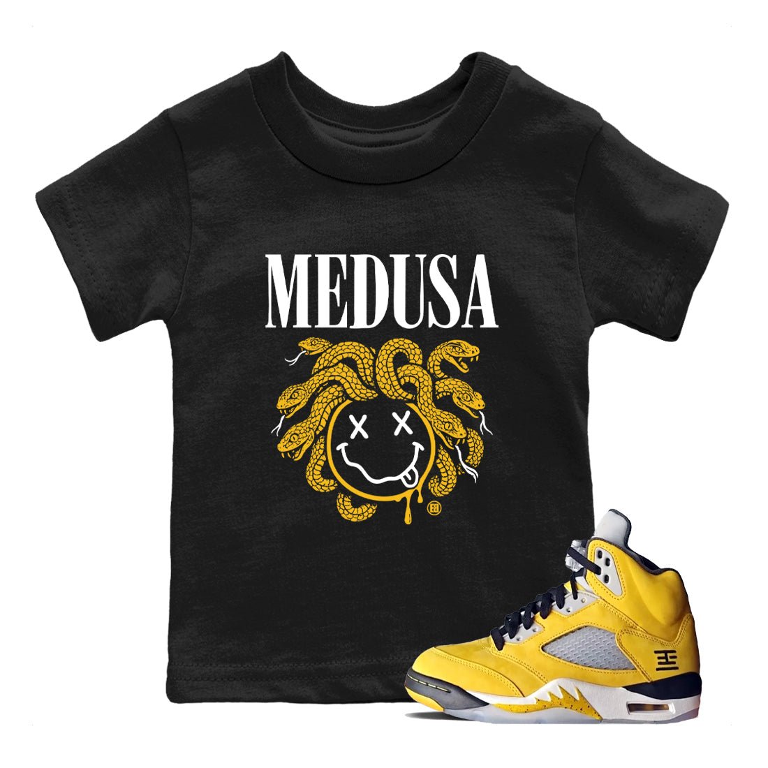 5s Tokyo Sneaker match tees – Sneaker Tees To Match Air Jordan 5 Tokyo Shoes – Medusa Drip Kids T-Shirt Black 1