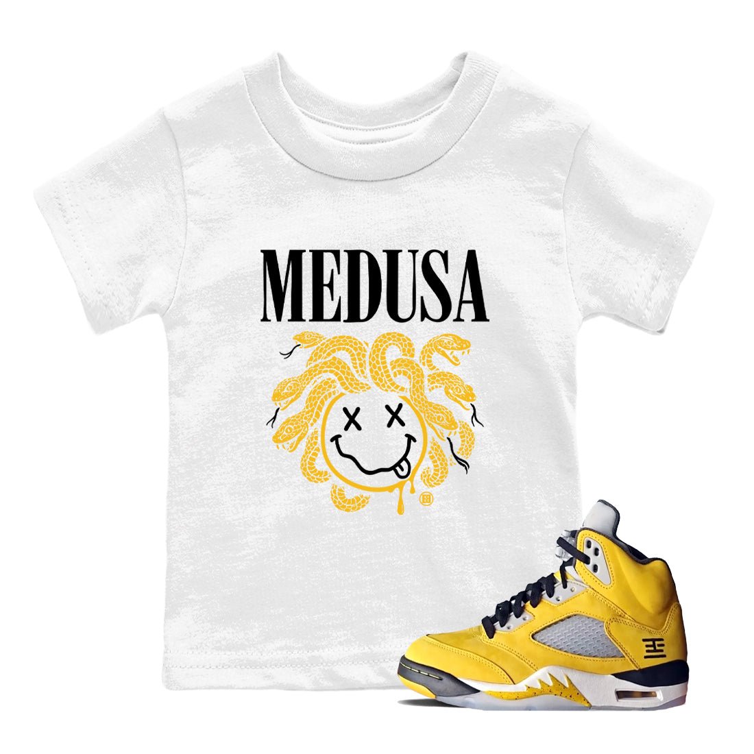 5s Tokyo Sneaker match tees – Sneaker Tees To Match Air Jordan 5 Tokyo Shoes – Medusa Drip Kids T-Shirt White 1