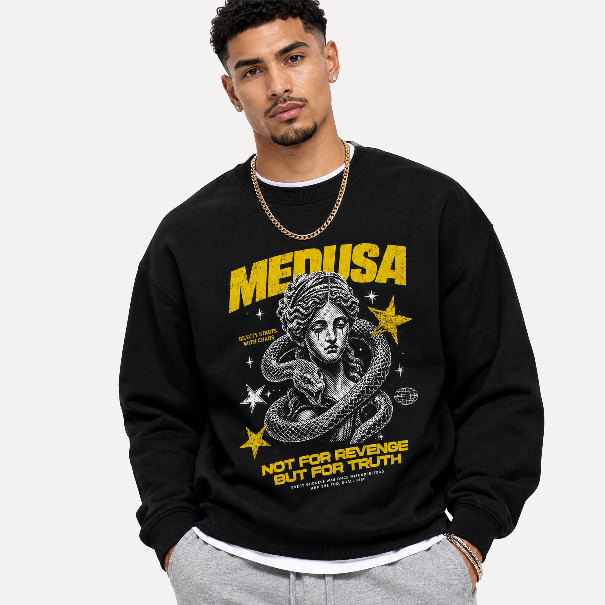 Yellow Medusa Graphic sweatshirts model shoot