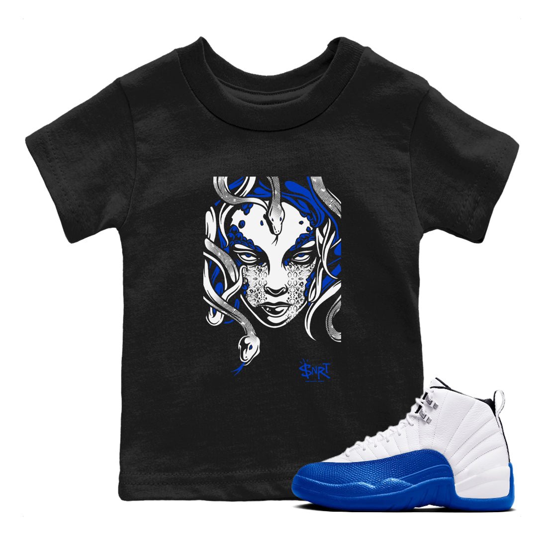 12s Blueberry shirts to match jordans Medusa Head sneaker match tees Air Jordan 12 Blueberry SNRT Sneaker Release Tees Youth Baby Black 1 crew neck shirts
